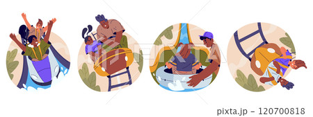Set of vector illustration for amusement park attraction. Roller coaster and water slides. Waterpark track with cartoon people and wet tubes. Carousel ride and aqua zone. Entertainment and holiday Set of vector illustration for amusement park attraction. Roller coaster and water slides. Waterpark track with cartoon people and wet tubes. Carousel ride and aqua zone. Entertainment and holiday 120700818
