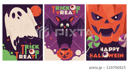 Halloween banners or flyers. Set of vector illustrations. Flat cartoon design. Vertical greeting cards for holiday invitation. Spooky ghost, scary pumpkin and funny bat characters. Trick or treat. 120700825
