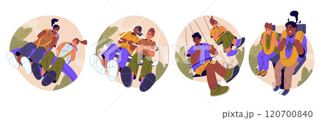 Set of vector people at roller coster or amusement park carousel. Holiday attraction for fun and entertainment. Fast adrenaline track with multicultural pair at swing seesaw. Outdoor festive ride 120700840