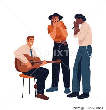 Blues band or artists vector poster. Isolated group of musicians performing music with concert instruments. Harmonica and acoustic guitar, vocalist entertainment. Stage melody and live sound. Ensemble 120700841