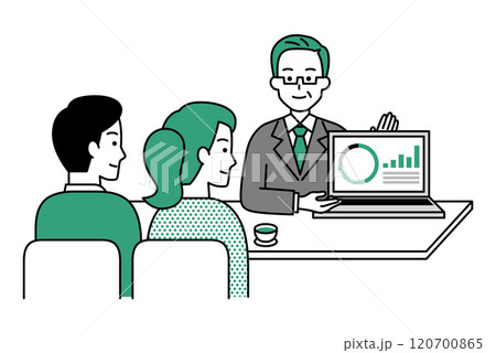 若い夫婦にパソコンで説明する中年のスーツの男性 120700865