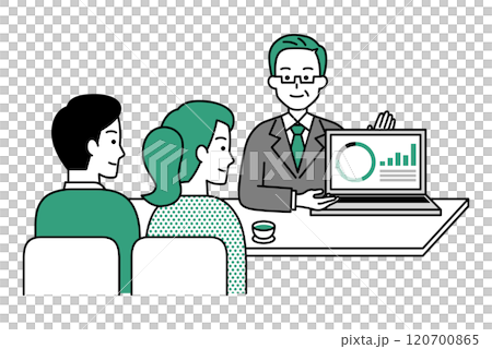 若い夫婦にパソコンで説明する中年のスーツの男性 120700865