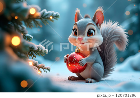 Gray cartoon squirrel with red Christmas tree ball in winter snowy forest. Christmas card Gray cartoon squirrel with red Christmas tree ball in winter snowy forest. Christmas card 120701296