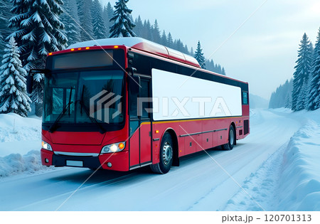 Red bus with white empty banner on side on snowy road in winter in forest. Copyspace, for text 120701313