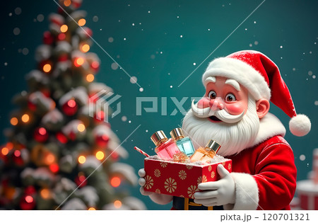 Jolly Santa Claus holding red box with glass bottles of perfume and toilet water. in woods next to Christmas tree. Presenting fragrance as gift Jolly Santa Claus holding red box with glass bottles of perfume and toilet water. in woods next to Christmas tree. Presenting fragrance as gift 120701321