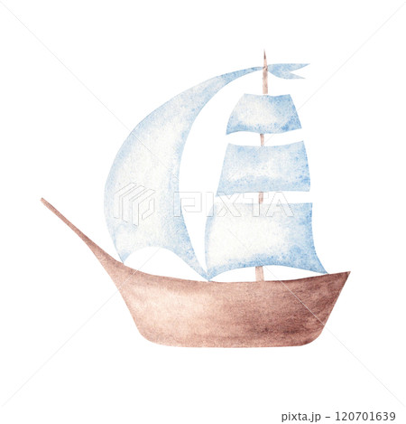 Sailboat, Ship watercolor illustration. Hand drawn Yacht in pastel colors isolated on a white background. Simple Sketch of Sea Nautical design element. For Children prints, cards and posters. 120701639