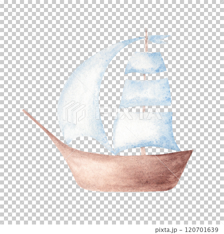 Sailboat, Ship watercolor illustration. Hand drawn Yacht in pastel colors isolated on a white background. Simple Sketch of Sea Nautical design element. For Children prints, cards and posters. 120701639