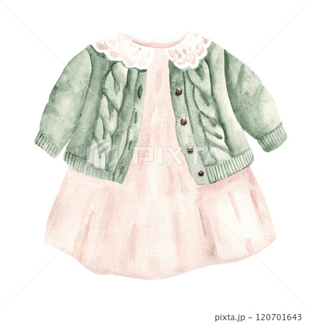 Baby girl dress and cardigan. Hand painted cute children winter clothes set. Watercolor illustration in vintage style isolated on a white background. For tags, baby shower invitations and greeting Baby girl dress and cardigan. Hand painted cute children winter clothes set. Watercolor illustration in vintage style isolated on a white background. For tags, baby shower invitations and greeting 120701643