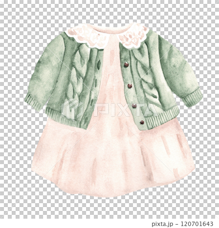 Baby girl dress and cardigan. Hand painted cute children winter clothes set. Watercolor illustration in vintage style isolated on a white background. For tags, baby shower invitations and greeting Baby girl dress and cardigan. Hand painted cute children winter clothes set. Watercolor illustration in vintage style isolated on a white background. For tags, baby shower invitations and greeting 120701643