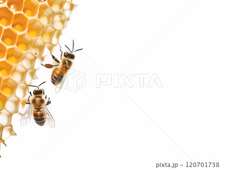 The image vividly captures two honeybees on a honeycomb 120701738