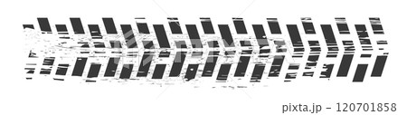 Tyre mark car or bike wheel trace, grunge textured trail silhouette. Top view, print brush stroke dirt. Speed rally dirty rubber path. 120701858