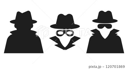 Incognito icon, mystery secret spy or detective silhouette, figure with hat glass or mask. Anonymous invisible character figure. Incognito icon, mystery secret spy or detective silhouette, figure with hat glass or mask. Anonymous invisible character figure. 120701869