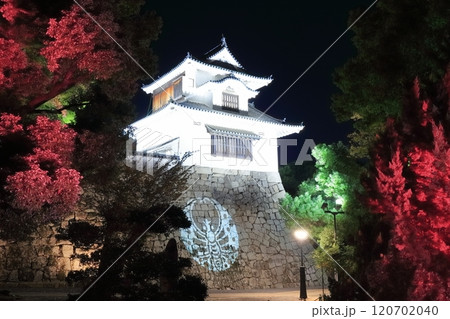【岡山県】紅葉した岡山城の月見櫓の夜景とライトアップ(令和の大改修後) 【岡山県】紅葉した岡山城の月見櫓の夜景とライトアップ(令和の大改修後) 120702040