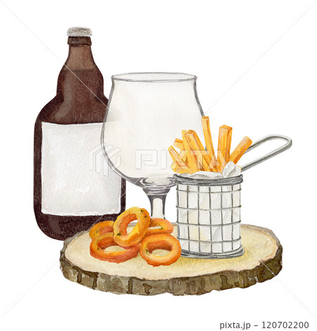 watercolor composition with glass for beer, bottle and snack bucket of French fries and onion rings watercolor composition with glass for beer, bottle and snack bucket of French fries and onion rings 120702200
