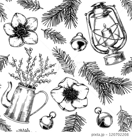 Christmas seamless pattern, vintage illustration in sketch style. 120702208