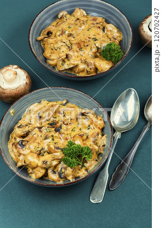 Mushrooms in cream sauce. 120702427
