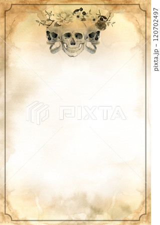 Old yellowed paper with a skull stamp. Pirate sign on an old manuscript. Watercolor background with paint drips, imitation of the texture of an old manuscript in sepia. Blurred abstract background. 120702497