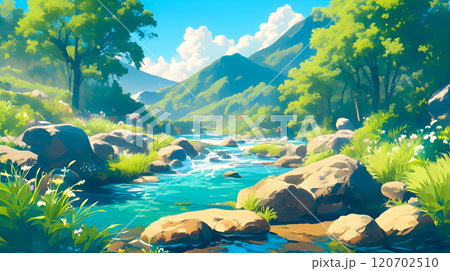 明るい山に流れる穏やかな川のイラスト風景 120702510