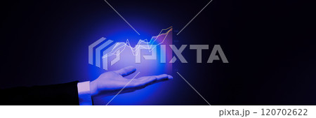 Hand presenting holographic bar charts, symbolizing success, innovation, and modern business solutions. Banner. Hand presenting holographic bar charts, symbolizing success, innovation, and modern business solutions. Banner. 120702622