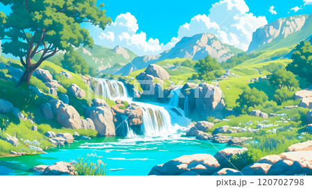 山の中の小さな滝のイラスト風景 120702798