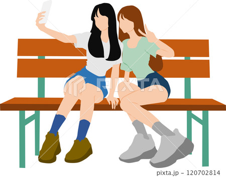 スマホで自撮りをする2人のイラスト スマホで自撮りをする2人のイラスト 120702814