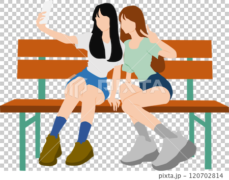 スマホで自撮りをする2人のイラスト スマホで自撮りをする2人のイラスト 120702814