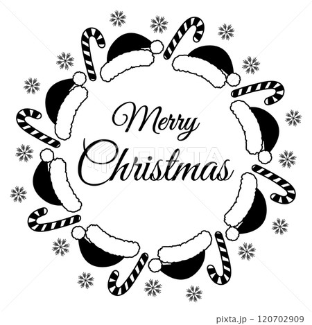 Striped Candy Cane, snowflakes, Santa caps Circle Frame border and Merry Christmas hand lettering 120702909