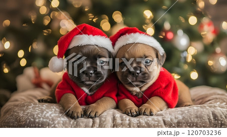 Adorable Puppies in Santa Hats on Christmas...のイラスト素材 [120703236] - PIXTA