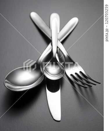 Fork, knife and spoons on table Fork, knife and spoons on table 120703259