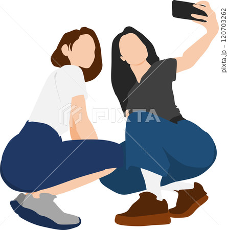 スマホで自撮りをする2人のイラスト 120703262