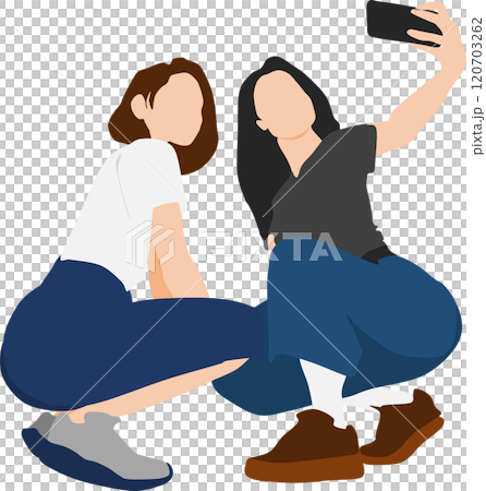 スマホで自撮りをする2人のイラスト 120703262