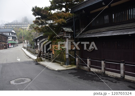 日本の岐阜県の春　高山市中心部の古い町並み　歴史を感じさせる日本家屋と立派な松の木 120703324