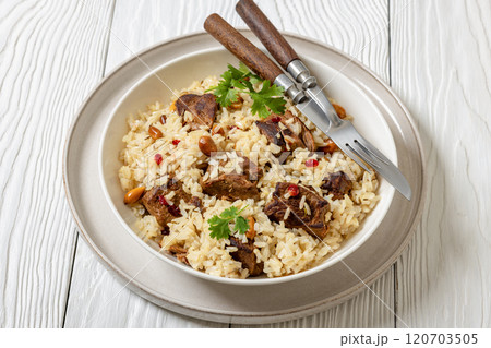 beef and rice in white bowl, top view 120703505
