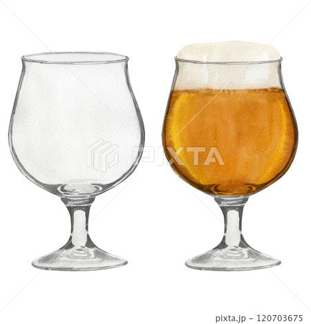 Hand-drawn glass for beer, glass with beer, beer festival, watercolor illustration. Watercolor international beer day. 120703675