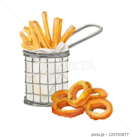 Hand-drawn watercolor illustration of snack bucket of French fries and onion rings 120703677