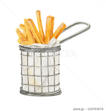 Hand-drawn watercolor illustration of snack bucket of French fries  120703678