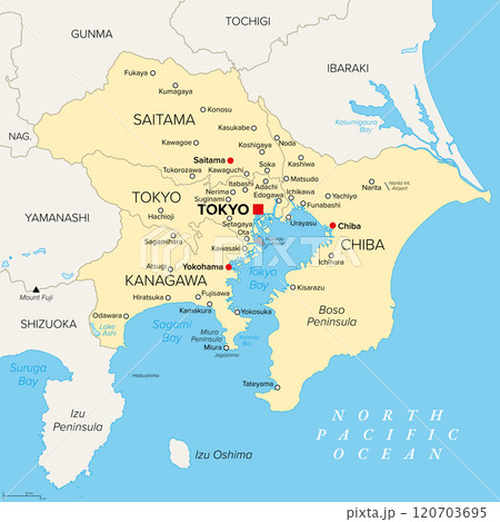 Tokyo Major Metropolitan Area, political map of the Capital Region of Japan, located on the island Honshu. The map shows Itto Sanken, consisting of the prefectures Tokyo, Chiba, Saitama and Kanagawa. 120703695