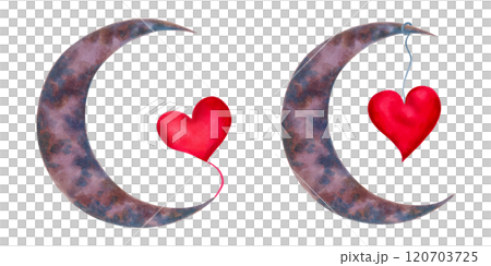 Composition of a crescent moon with a heart. Astrological drawing for Valentine's Day. Watercolor and marker illustration. Hand drawn isolated art. Clipart for stickers, cards, badges, greetings Composition of a crescent moon with a heart. Astrological drawing for Valentine's Day. Watercolor and marker illustration. Hand drawn isolated art. Clipart for stickers, cards, badges, greetings 120703725