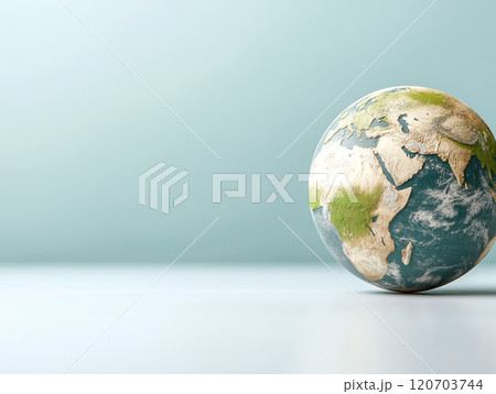 A detailed globe displaying continents with textured terrain on a minimalist background A detailed globe displaying continents with textured terrain on a minimalist background 120703744
