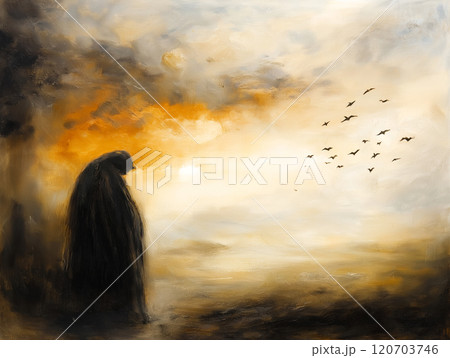 A mysterious cloaked figure stands against a glowing sunset sky A mysterious cloaked figure stands against a glowing sunset sky 120703746