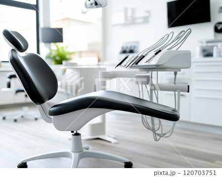 A sleek modern dentist office featuring a black dental chair A sleek modern dentist office featuring a black dental chair 120703751