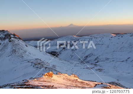 Stunning Snowy Mountain Landscape with Clear Blue Sky and Prominent Peak in the Distance Stunning Snowy Mountain Landscape with Clear Blue Sky and Prominent Peak in the Distance 120703775