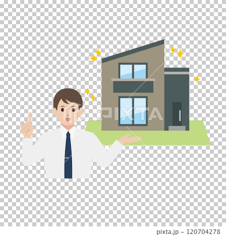 A man explaining about a newly built and renovated detached house A man explaining about a newly built and renovated detached house 120704278