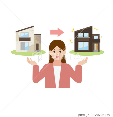 老朽化した一軒家と綺麗な一軒家のビフォーアフターを説明する女性 120704279
