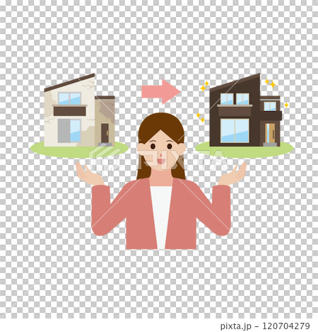 老朽化した一軒家と綺麗な一軒家のビフォーアフターを説明する女性 120704279