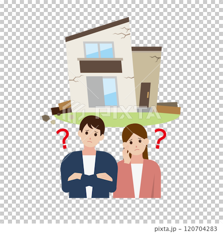 ボロボロの一軒家の修繕に悩む男女のイラスト 120704283
