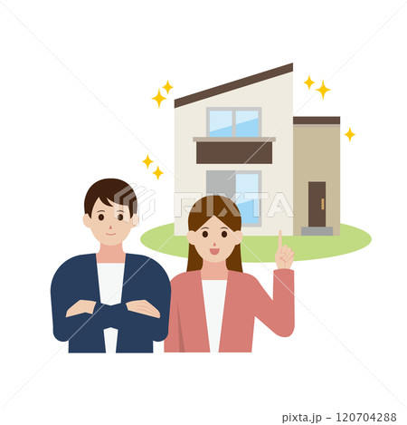 新築 庭付き一戸建てをおすすめする男女のイラスト 新築 庭付き一戸建てをおすすめする男女のイラスト 120704288