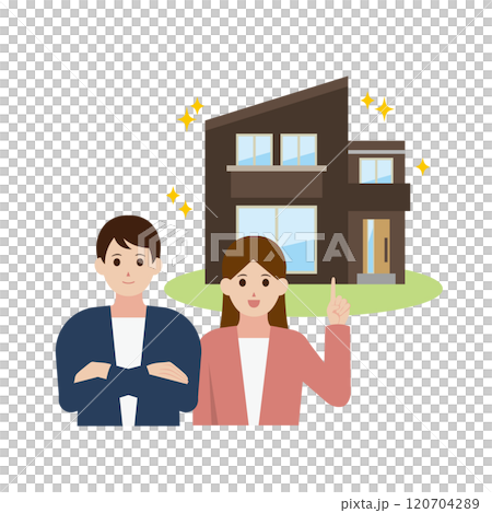 新築 庭付き一戸建てをおすすめする男女のイラスト 120704289