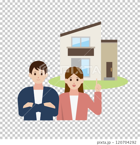 マイホームのポイントを紹介する男女のイラスト 120704292