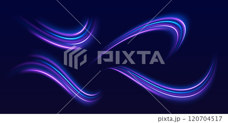 Speed police line set. Laser beams, horizontal light rays. Magic shining neon light line trails. Purple glowing wave swirl, impulse cable lines. High speed effect motion blur night lights 120704517